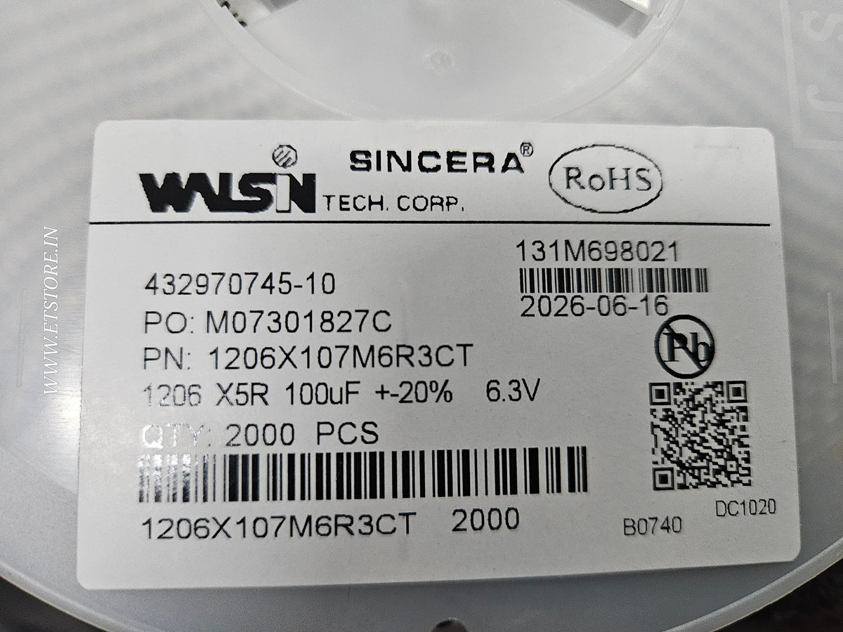 100uF 1206 6.3V CAPACITOR WALSIN X5R SMD 20% 107 ETH6945