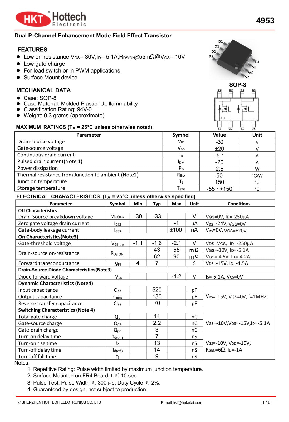 4953 SOP-8 smd Dual P Channel mosfet Hottech 30v 5.1A APM4953 ETA1106