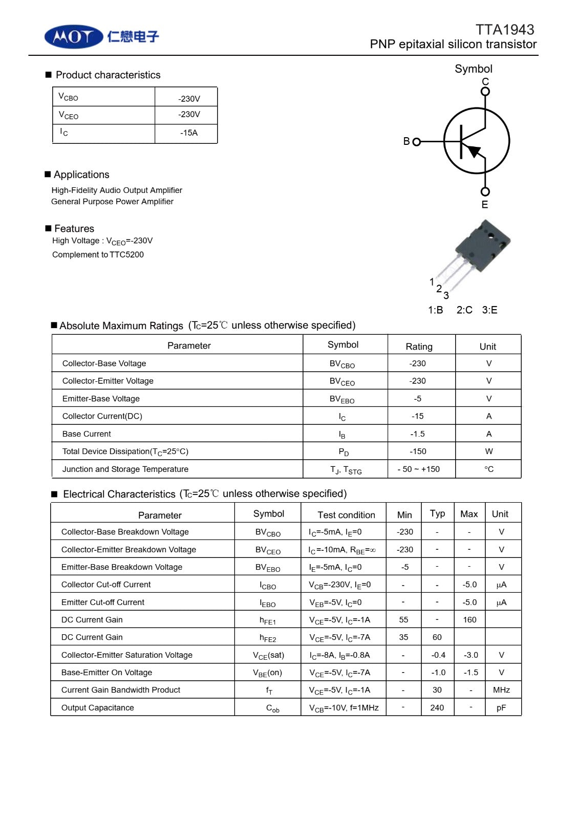 2SC5200 AND 2SA1943 PAIR MOT TO3P(L) transistor 230V 15A 5200 1943 ETA2079