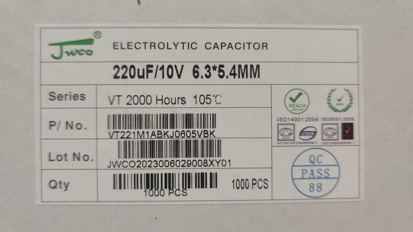 220UF 10V 6.3x5.4mm JWCO SMD CAPACITOR ELECTROLYTIC 105C VT(2000HRS) ETA2527