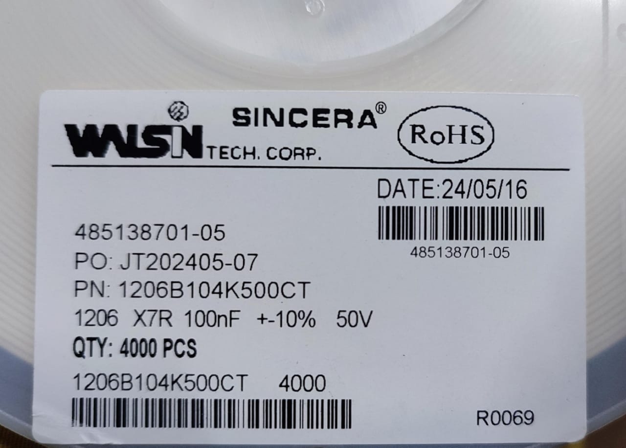 100nF 50V 1206 SMD 104 Ceramic Capacitor 0.1uf 10% walsin ET9211