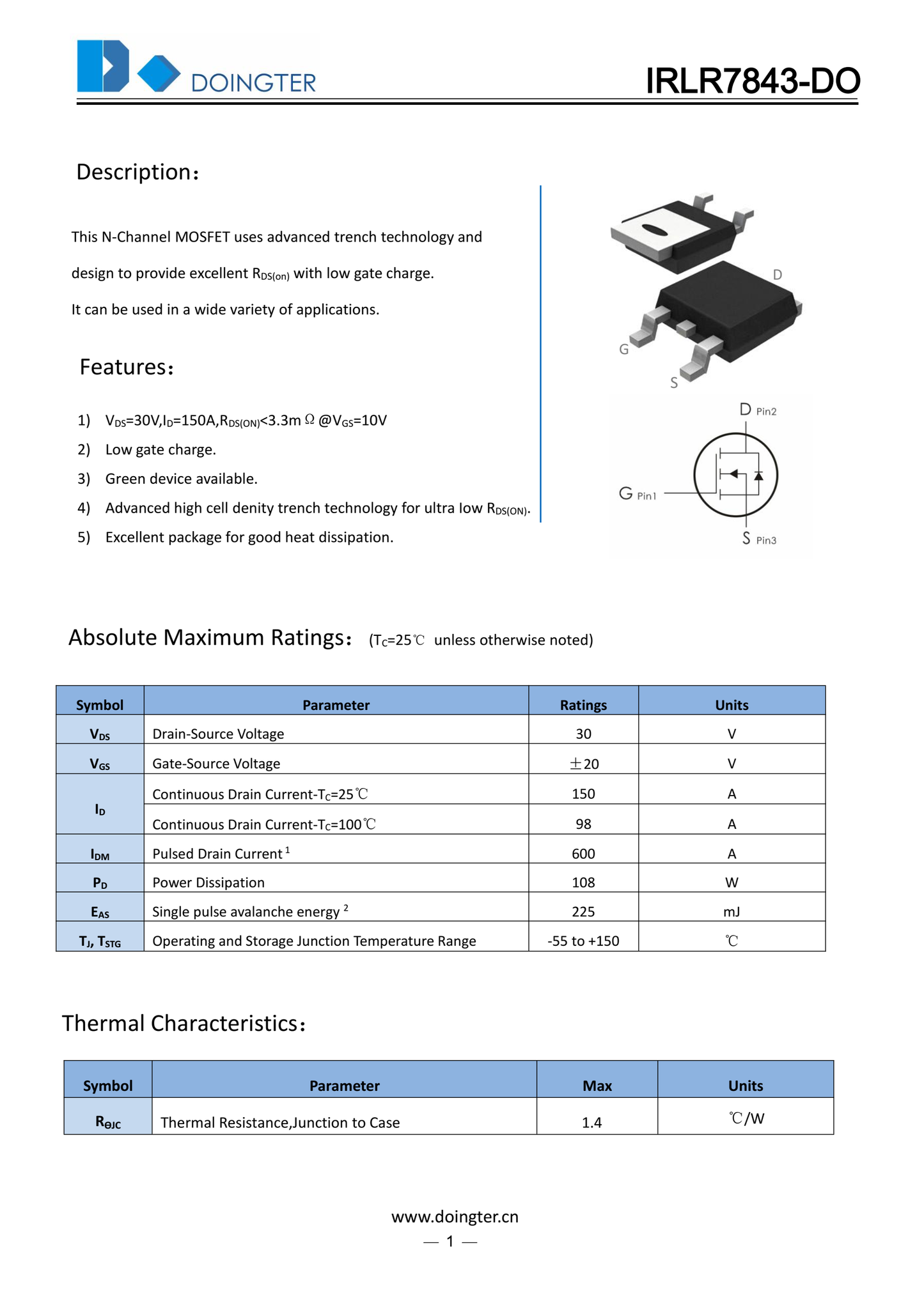 IRLR7843-DO TO-252 DOINGTER 30V 150A N Channel MOSFET LR7843 7843 ETA2607