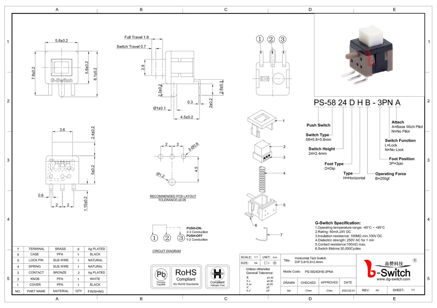 PUSH BUTTON 3 LEG NON LATCHING  PS-5824DHB-3PNA 2MM ETD11140