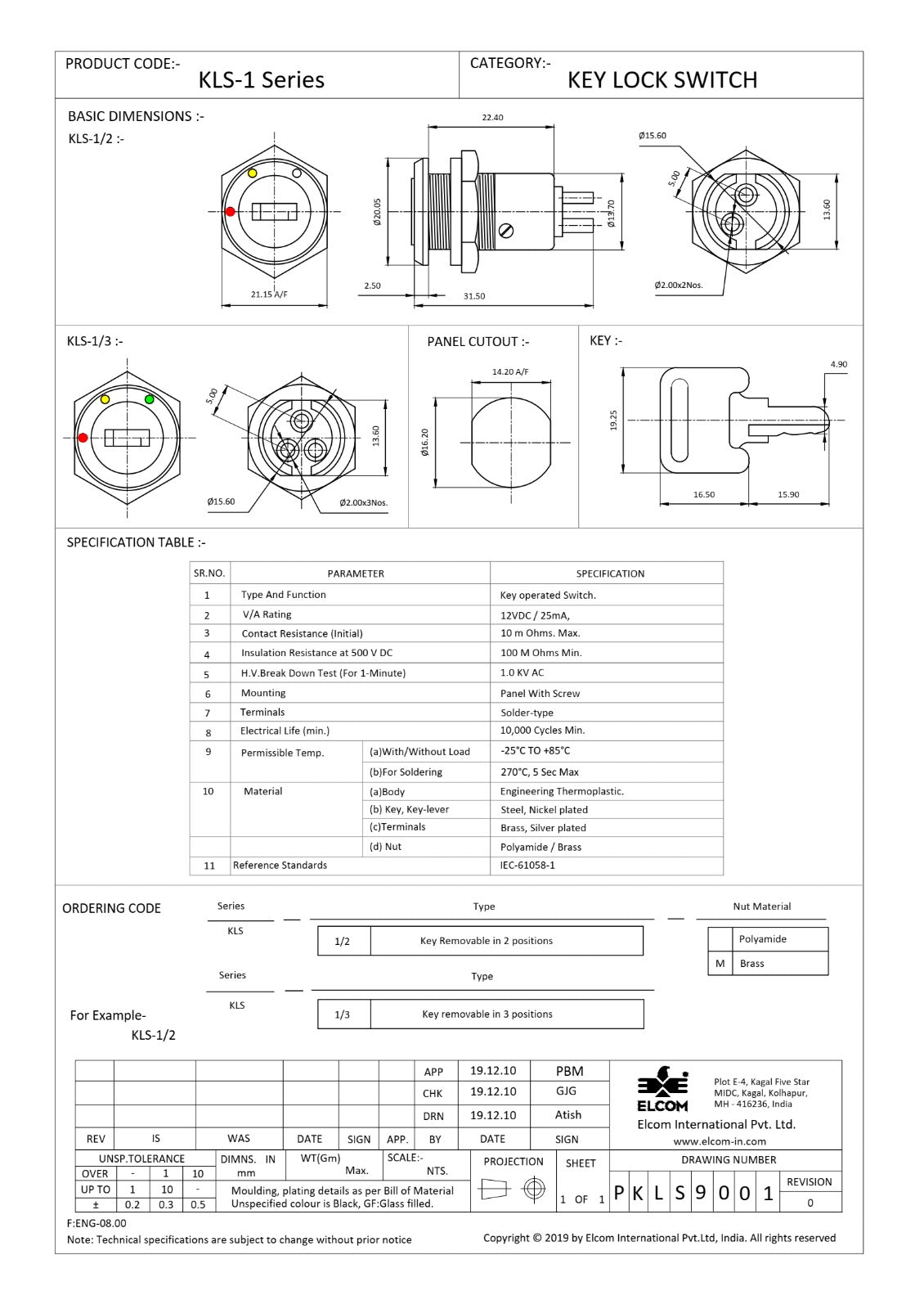KLS-1/3  ELCOM  Key Switch lock  12VDC 25mA ETD11154