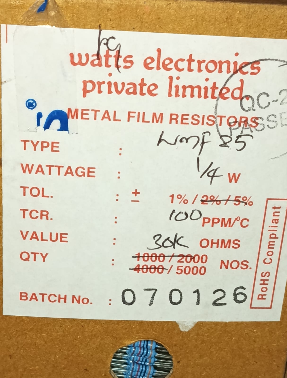 30K OHM 0.25W 1/4W MFR WATTS TOLERANCE 1% ETD11424