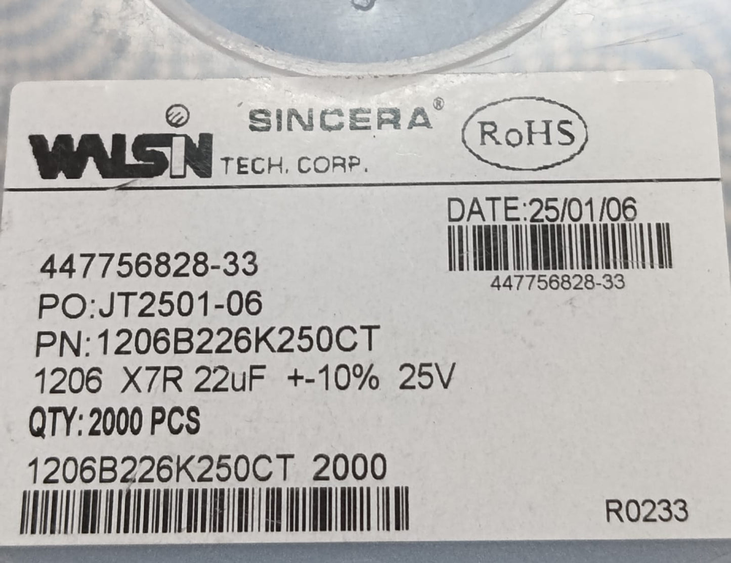 22uF 25V 1206 WALSIN SMD Ceramic Capacitor 226 10% X7R ETD11459