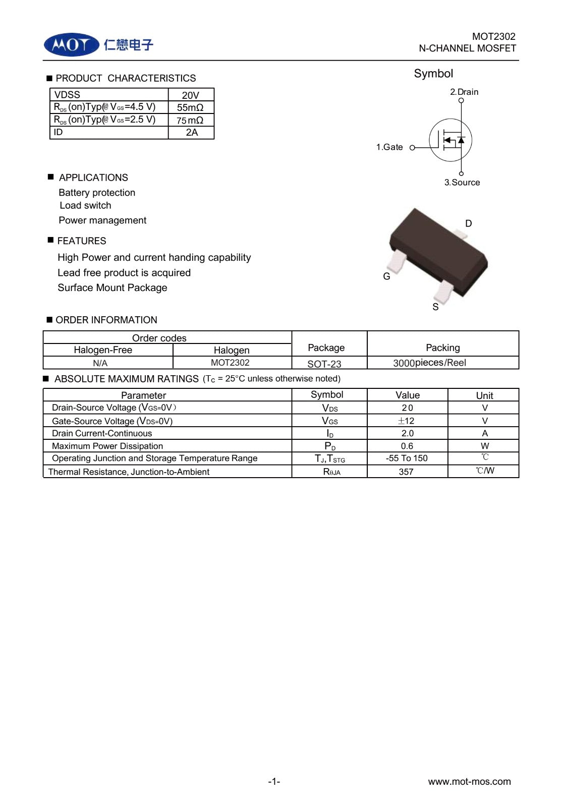 MOT2302AB2 MOSFET A2SHB SOT23 2.5A 20V N-Channel 2302 ETA1085