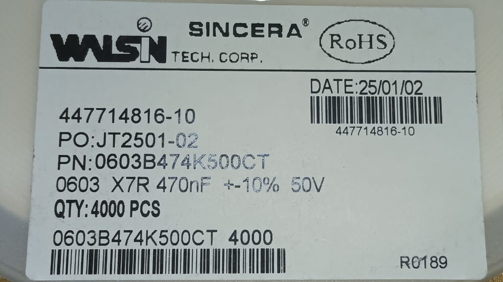 470nF 50V 0603 SMD Ceramic Capacitor 474 10% walsin X7R ETD11372
