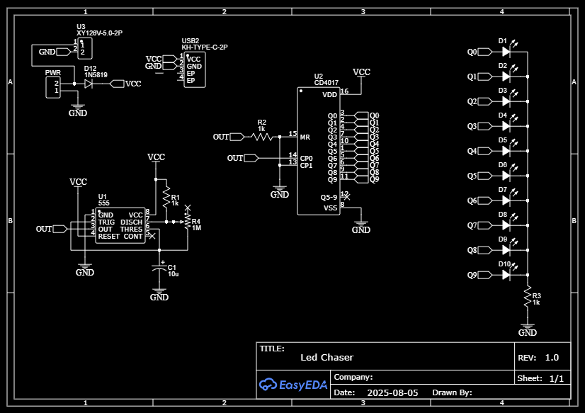PCB FOR 10 Channel Running Light CHASER 5-12V 10Channel 555 and 4017 ETH6810