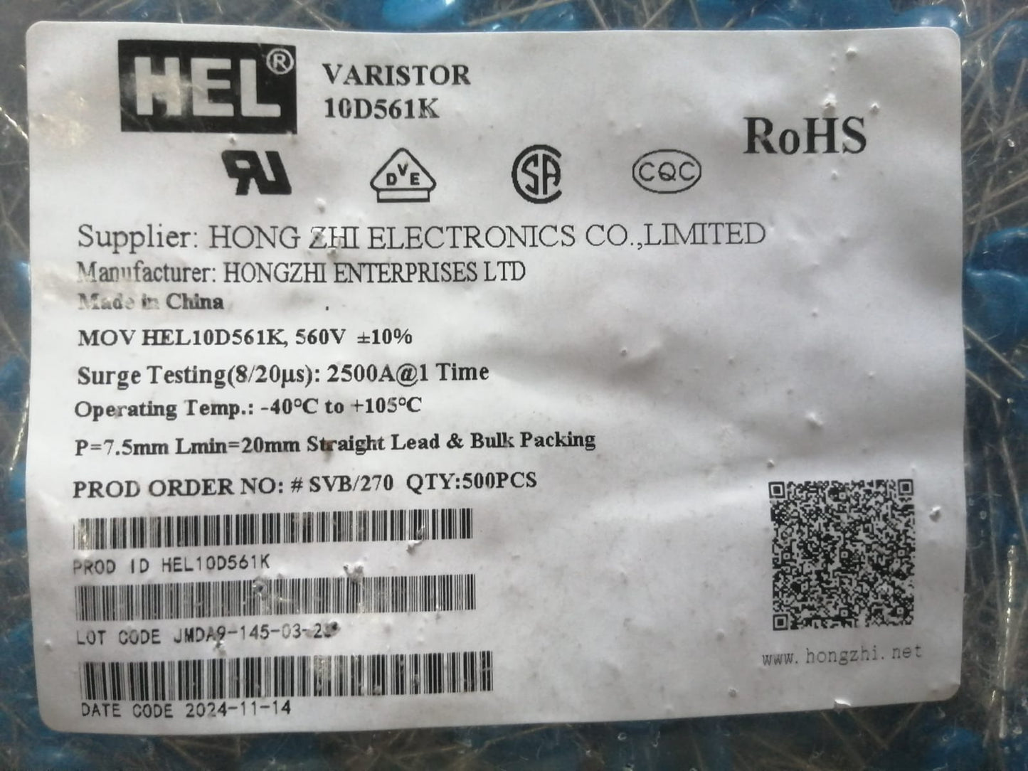 10D561K HEL MOV 560V DC Pitch 7.5mm ET11268