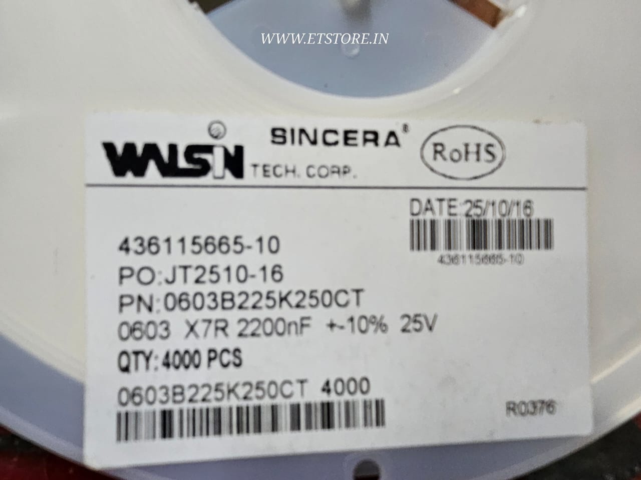 2.2UF 25V 0603 WALSIN SMD Ceramic Capacitor 225 X7R 100% ETH6669