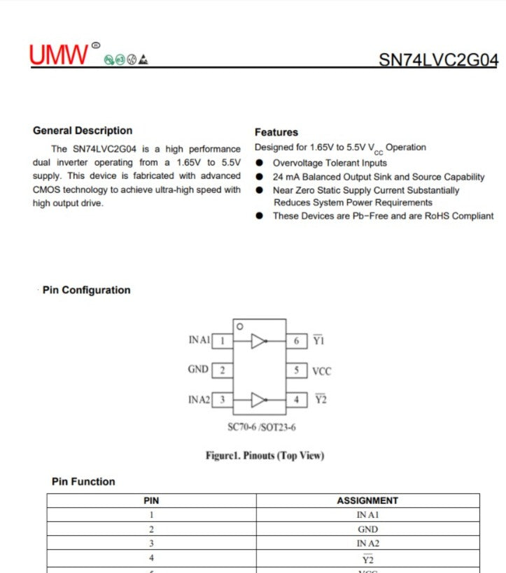 SN74LVC2G04DBVR(UMW) SOT-23-6 Dual NOT gate SMD 7404 ET7129