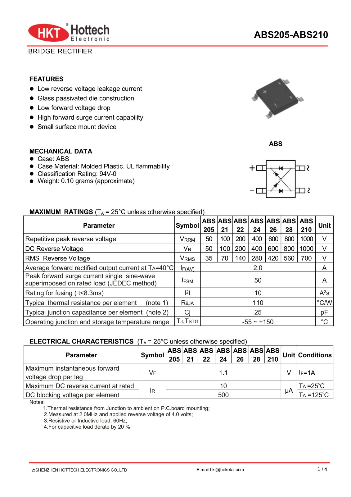 ABS210 HOTTECH 2A ABS 1000V SMD Bridge Rectifier Diode ETA2626