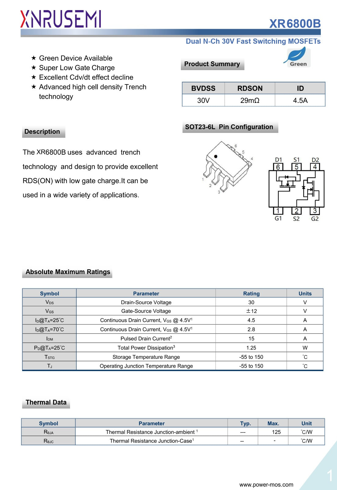 XR6800B SOT-23-6L XNRUSEMI 30V 4.5A dual N-Channel MOSFET AO6800 6800 ETA2558
