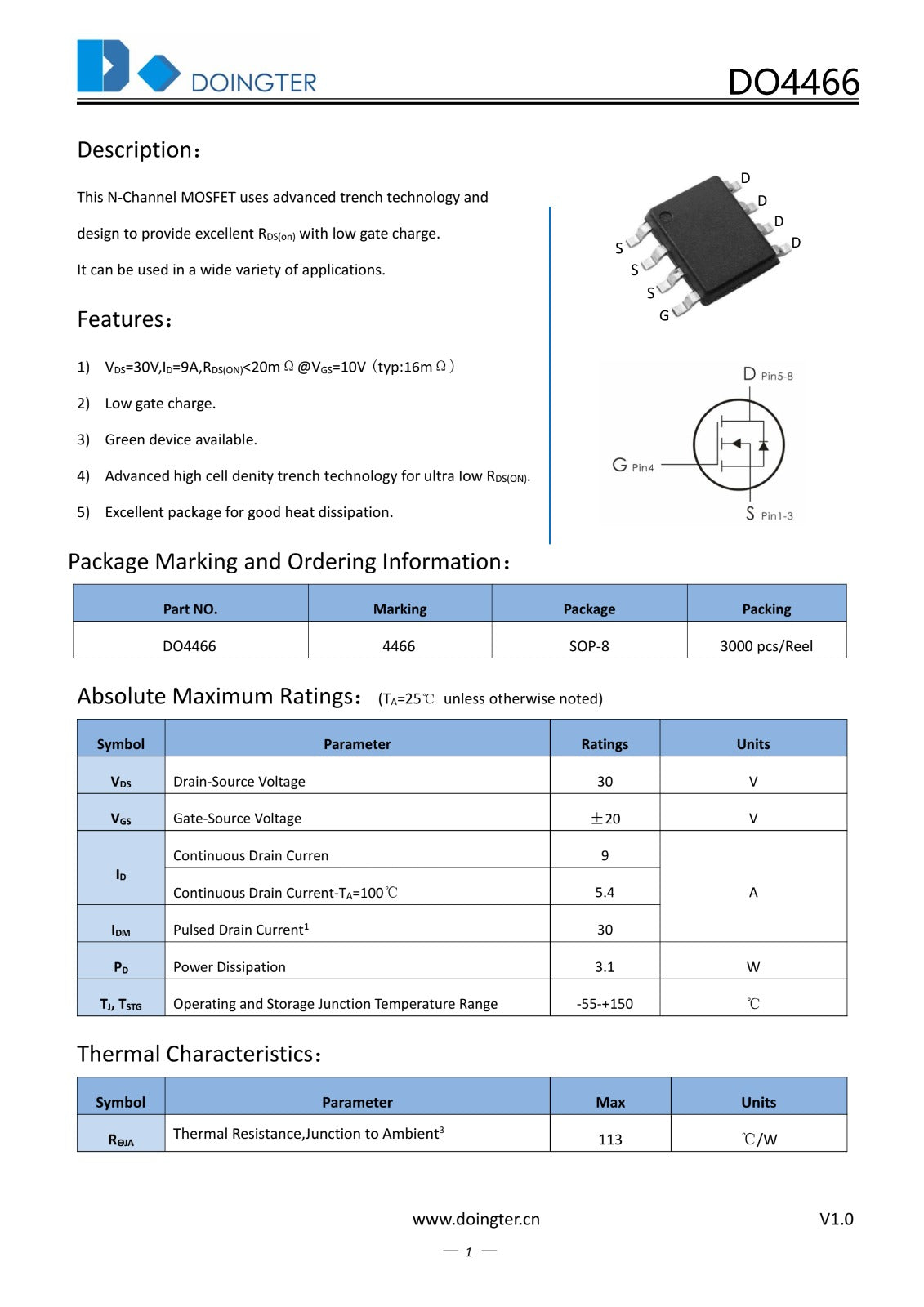 DO4466 SOP8 MOSFET N-Channel 30V 9A 4466 SMD ETA1119