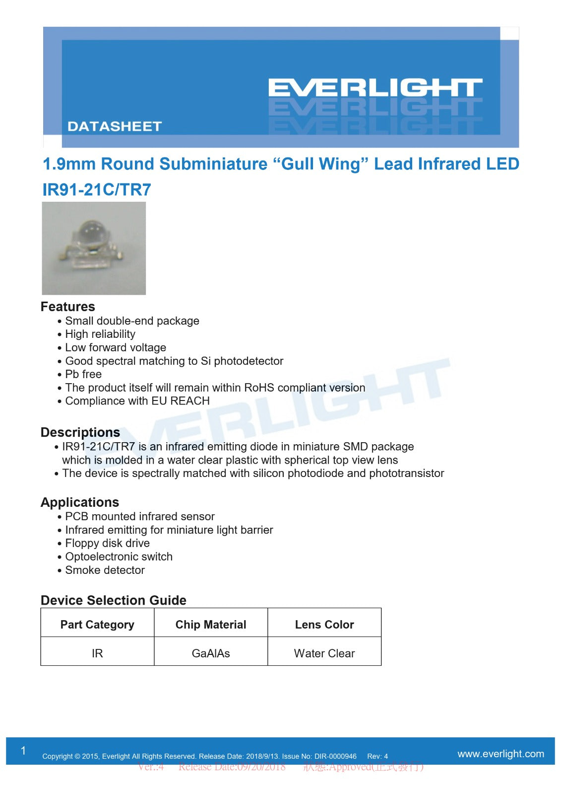 IR91-21C/TR7 SMD,2.5x2mm EVERLIGHT  940nm IR LED Emitters Infrared ETD11446
