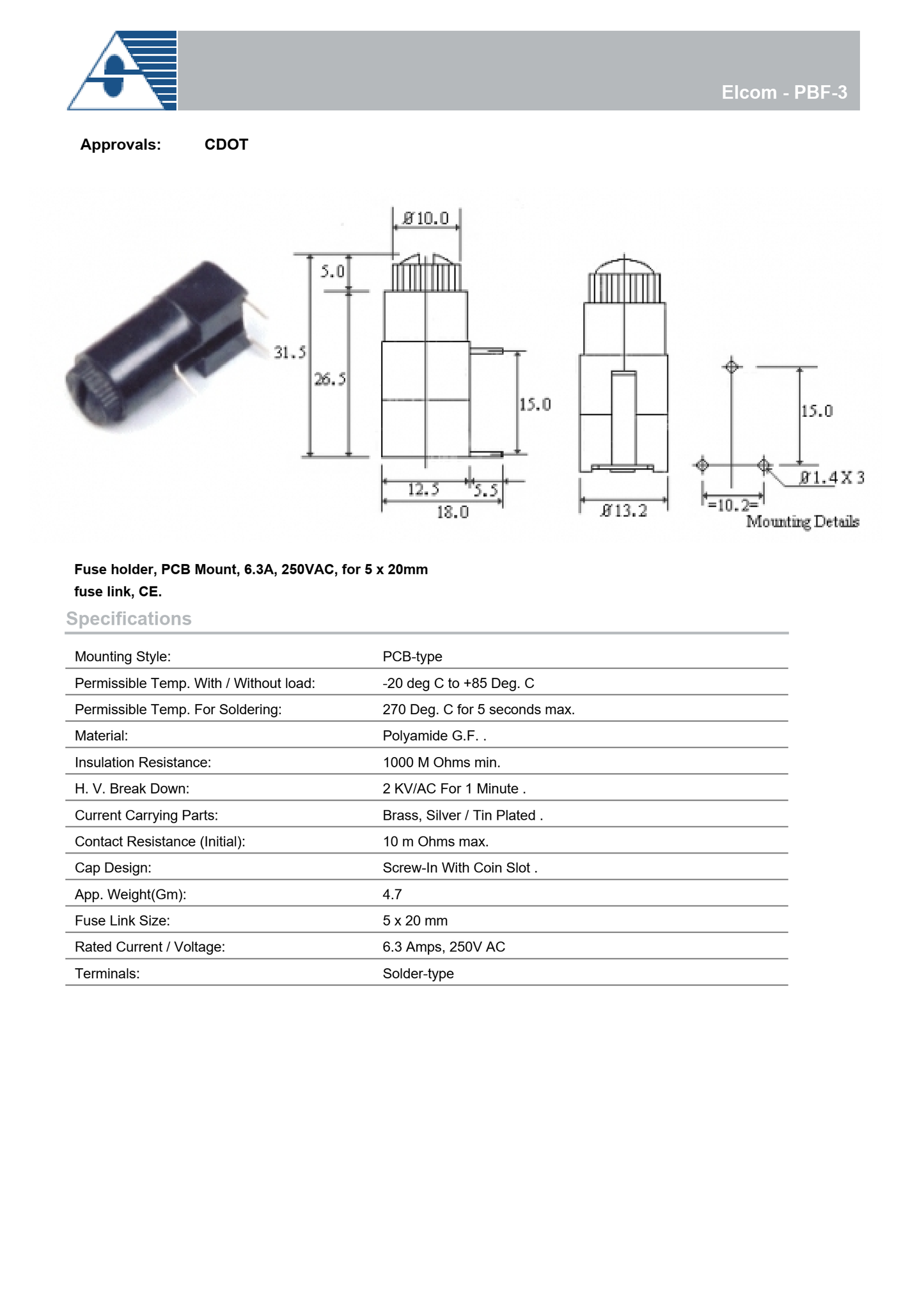 PBF-3 PCB Fuse Holder ELCOM PBF3 for 5X20mm fuse 6.3A 250V ET11114